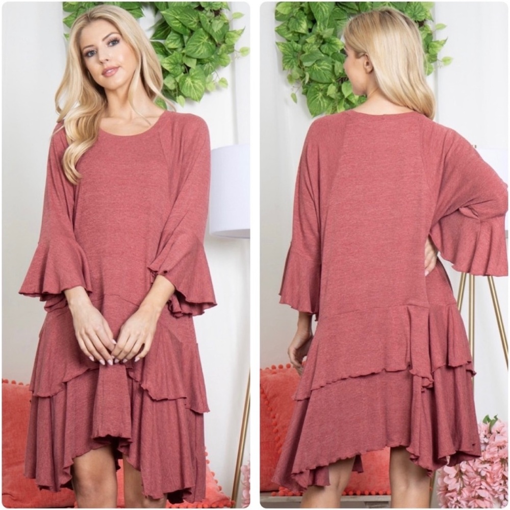 NWT Bell Sleeve Ruffle Dress - Red